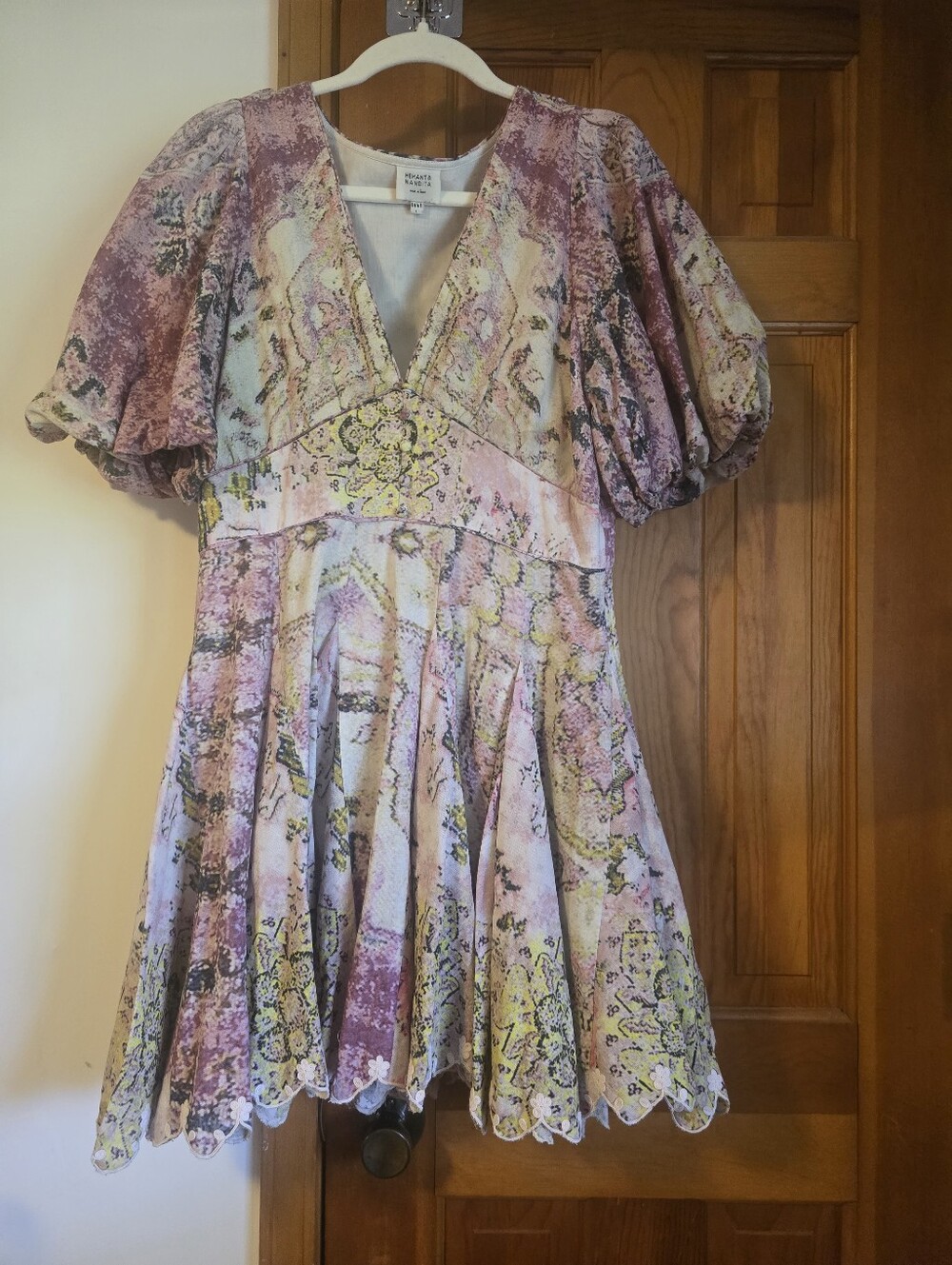 Hemant &Nandit Vintage-Inspired Floral V-Neck Short Dress in Lavender and Yellow